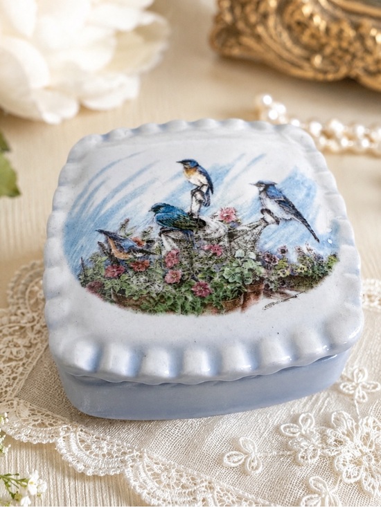 Other - Vintage Bluebird Trinket Box Hand Painted Ceramic Jewelry Box Cottagecore Decor